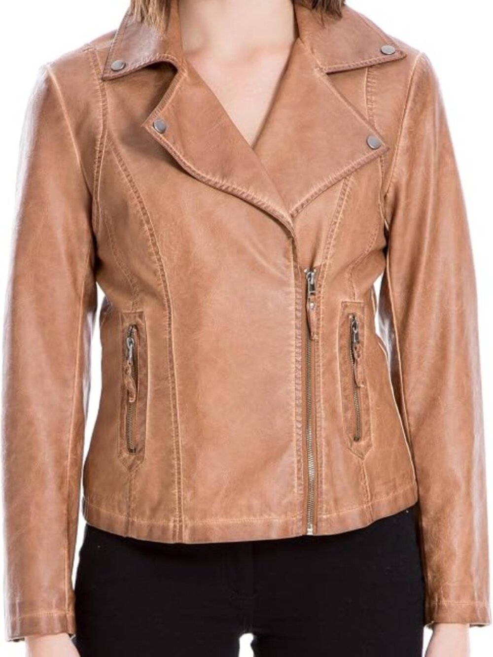 NWT Max Studio Large Women's Cognac Everyday Casual Faux Leather Moto Jacket